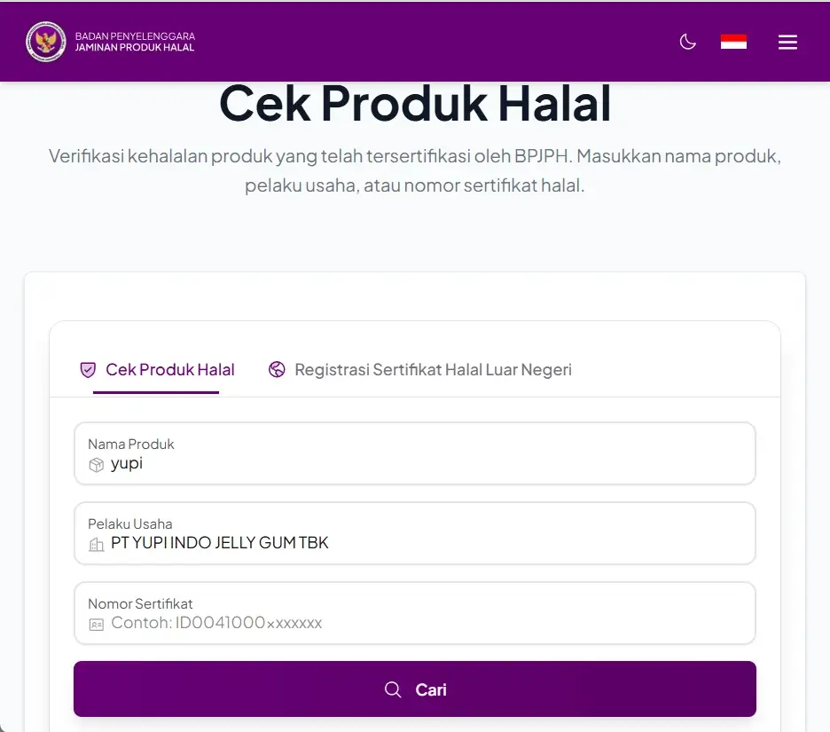 produk Yupi yang telah terdaftar dan memiliki nomor sertifikat dari BPJPH
